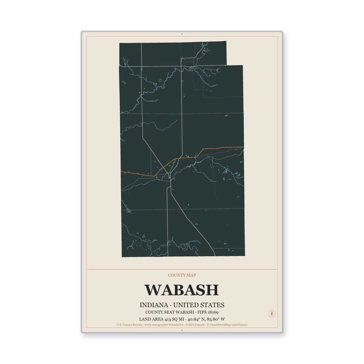 Wabash County, Indiana Map Aluminum Sign in Headline Atlas style