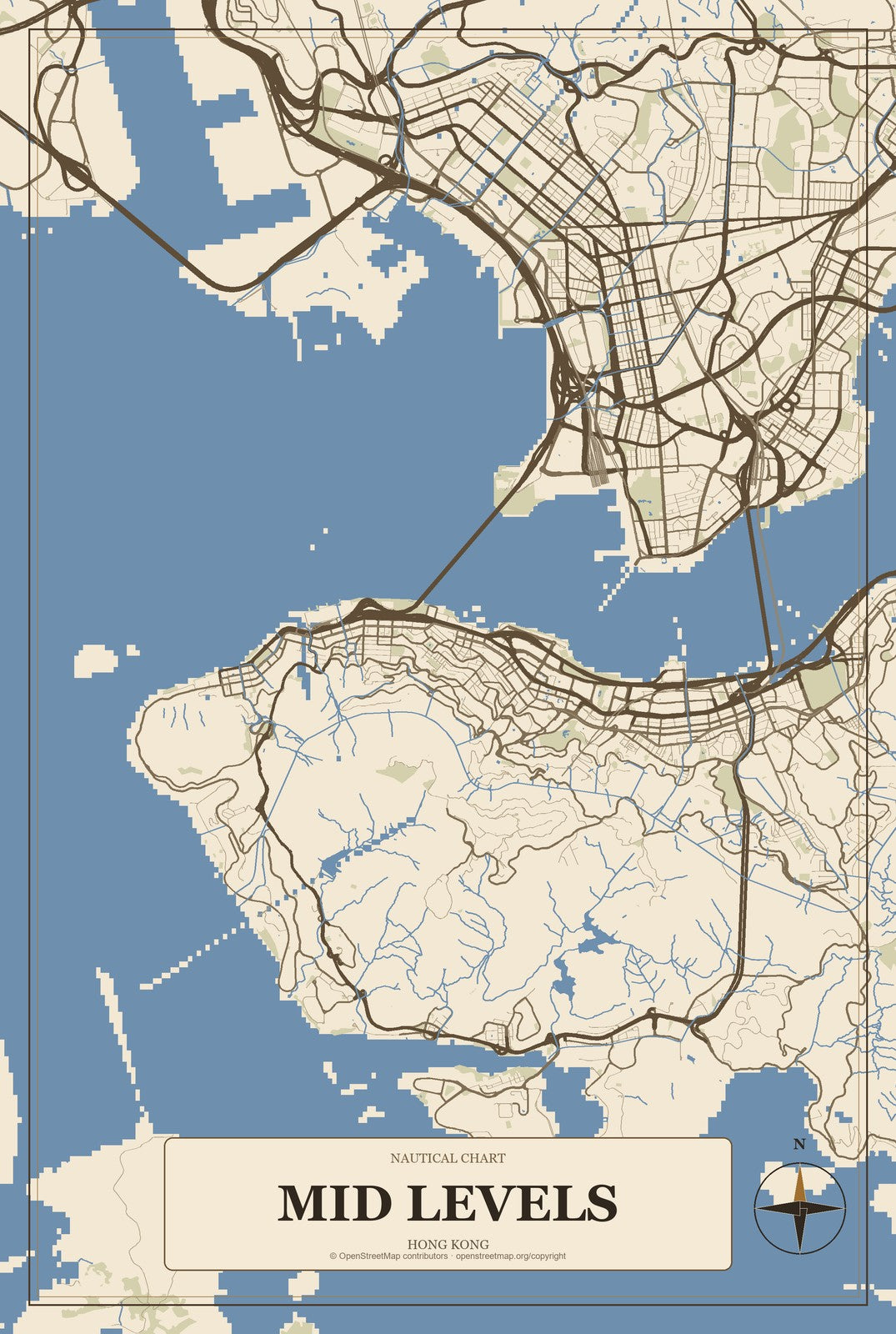 Mid Levels, Hong Kong City Map Aluminum Sign in Heritage Nautical style