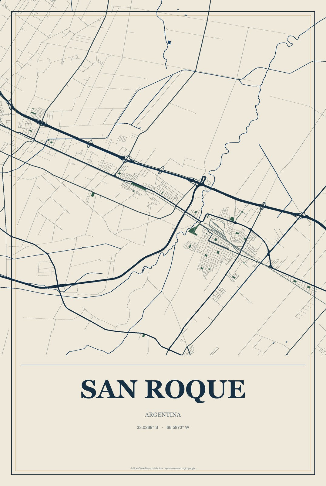 San Roque, Argentina City Map Aluminum Sign in Coastal Cutout style
