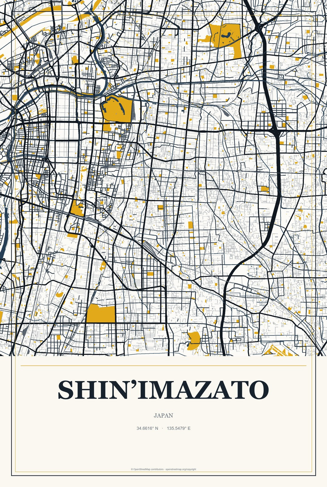 Shin’imazato, Japan City Map Aluminum Sign in Citrine Modern style