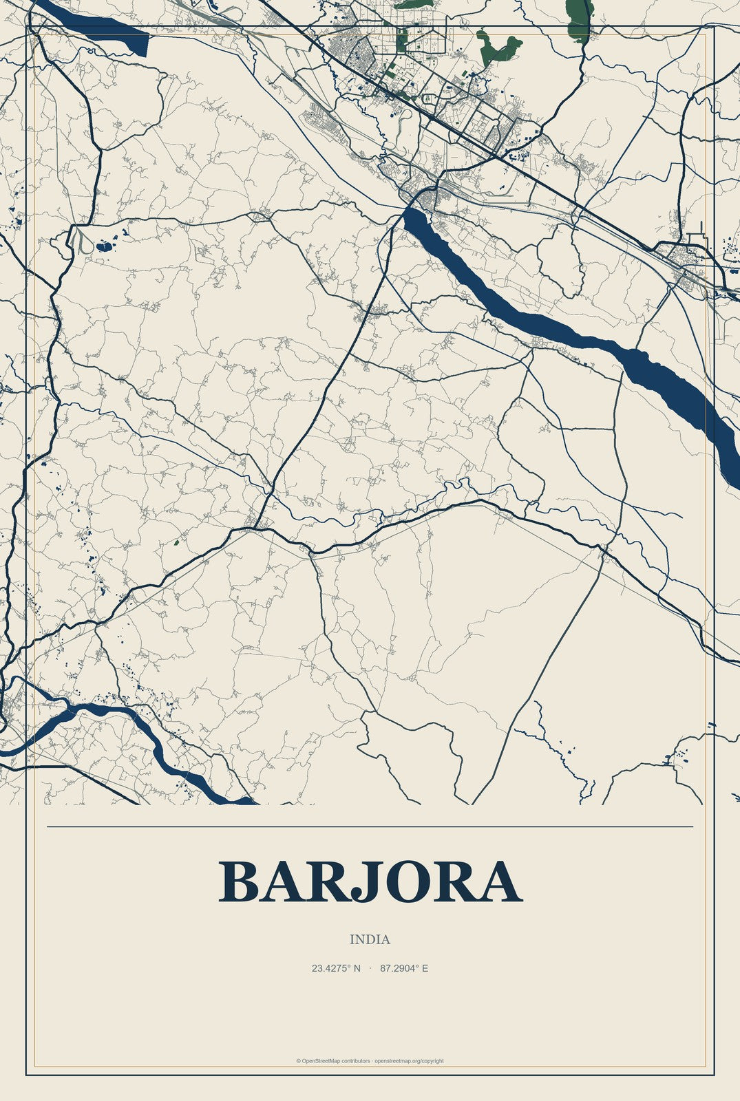 Barjora, India City Map Aluminum Sign in Coastal Cutout style
