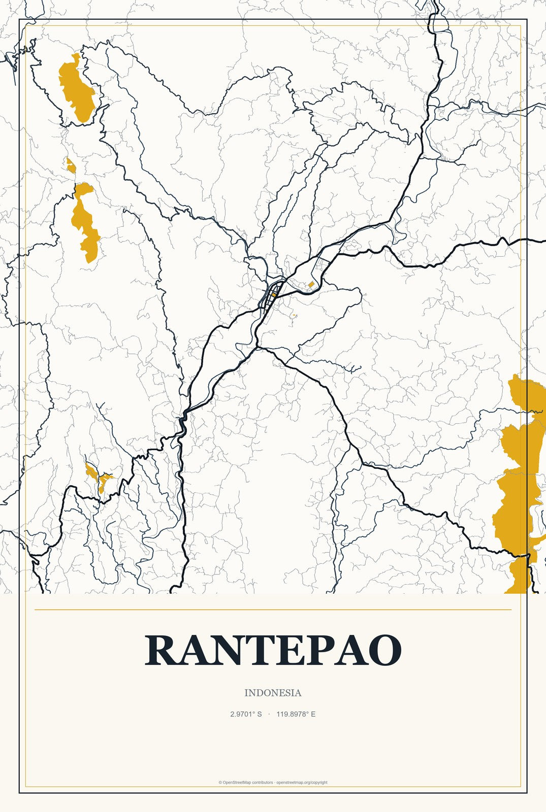 Rantepao, Indonesia City Map Aluminum Sign in Citrine Modern style