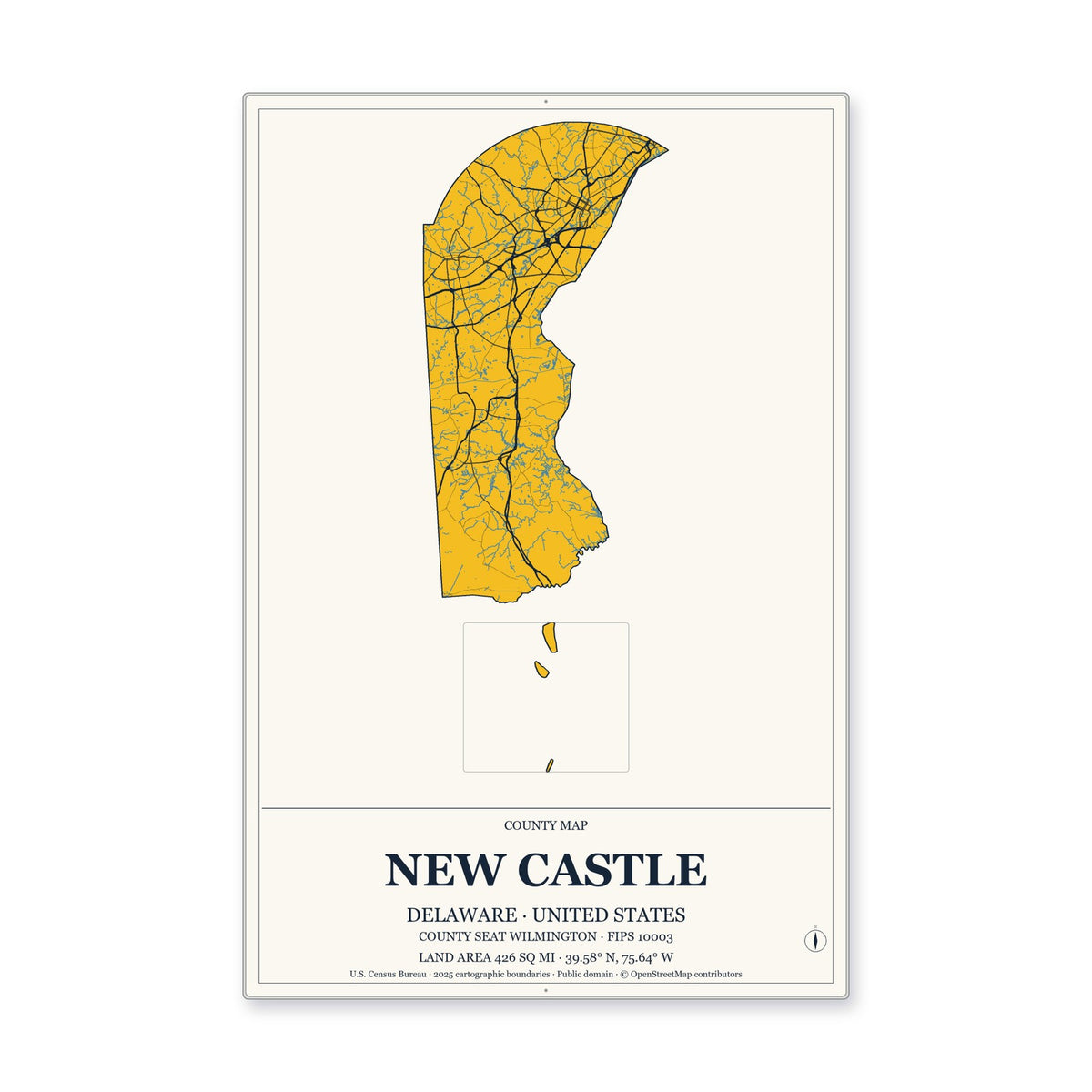 New Castle County, Delaware Map Aluminum Sign in Citrine Modern style