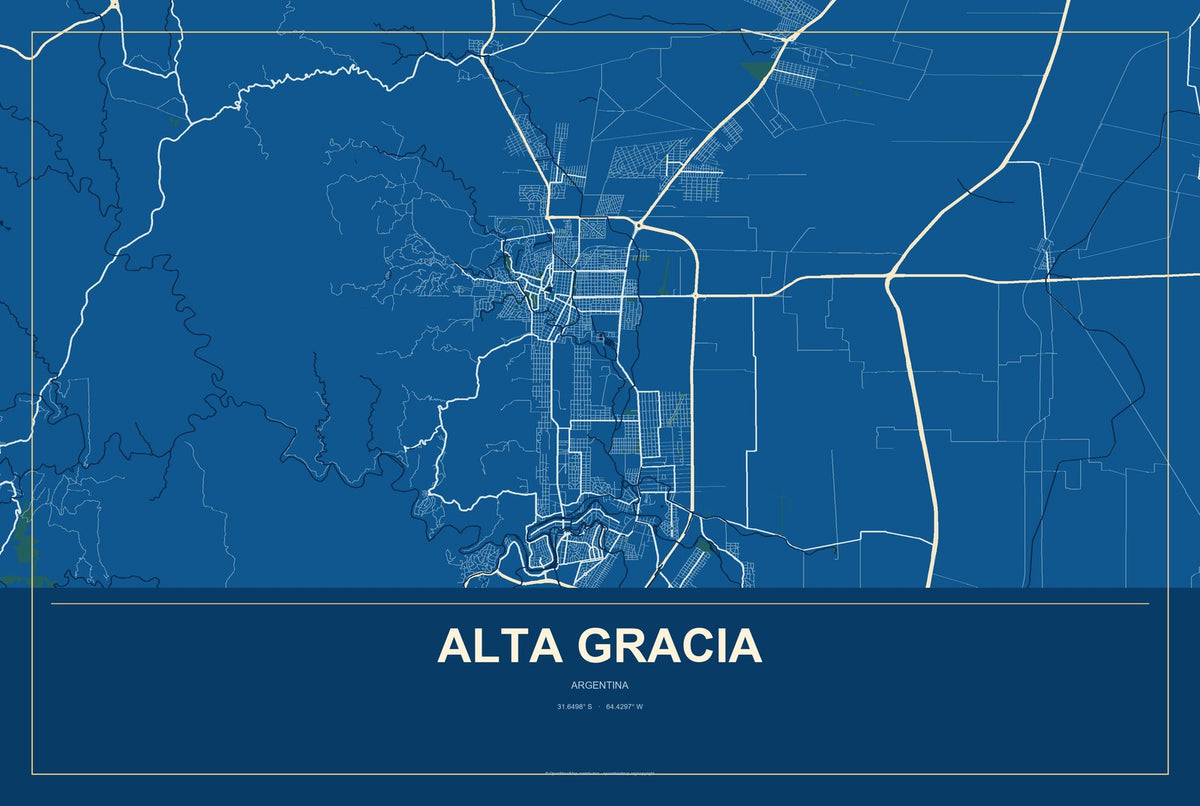 Alta Gracia, Argentina City Map Aluminum Sign in Harbor Cobalt style