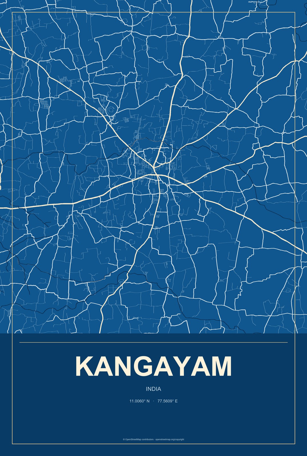 Kangayam, India City Map Aluminum Sign in Harbor Cobalt style