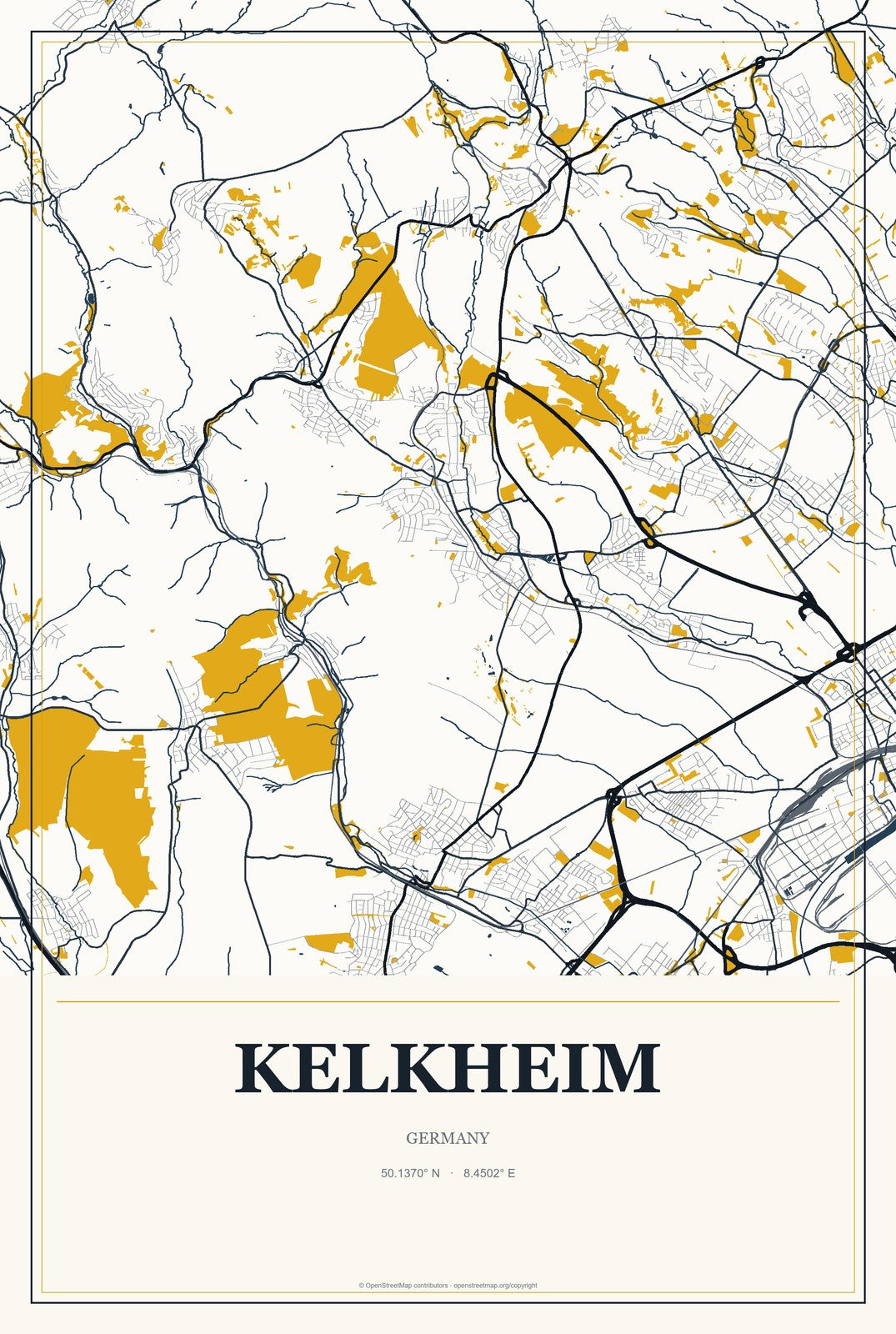 Kelkheim, Germany City Map Aluminum Sign in Citrine Modern style