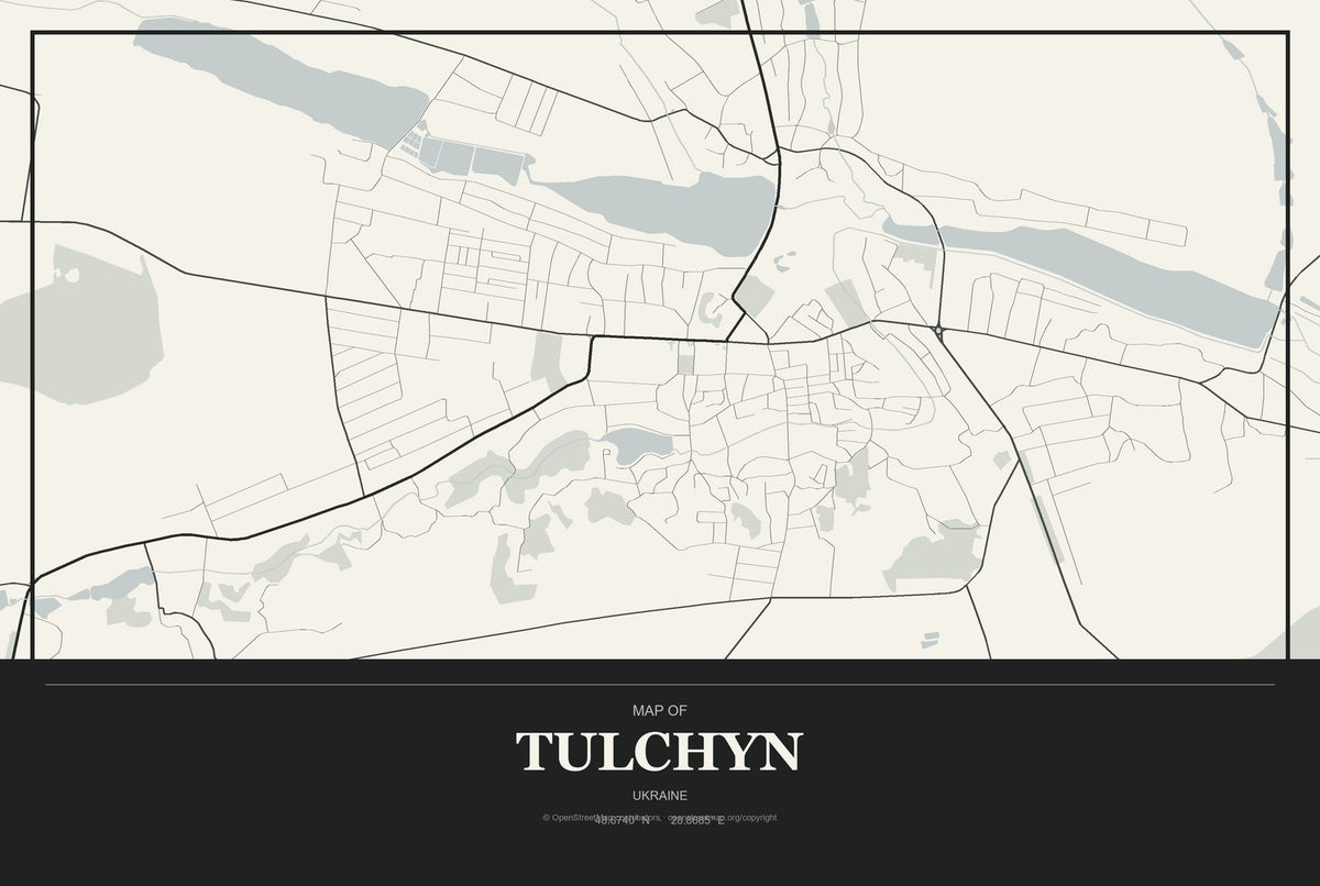 Tulchyn, Ukraine City Map Aluminum Sign in Museum Plaque style