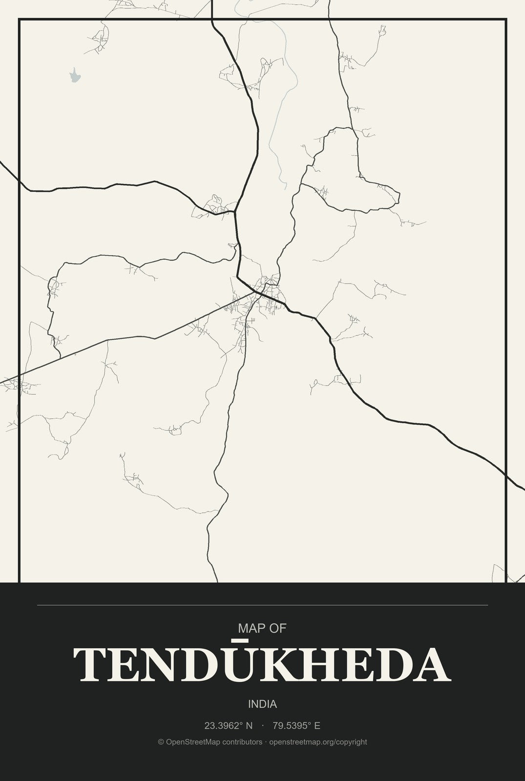 Tendūkheda, India City Map Aluminum Sign in Museum Plaque style