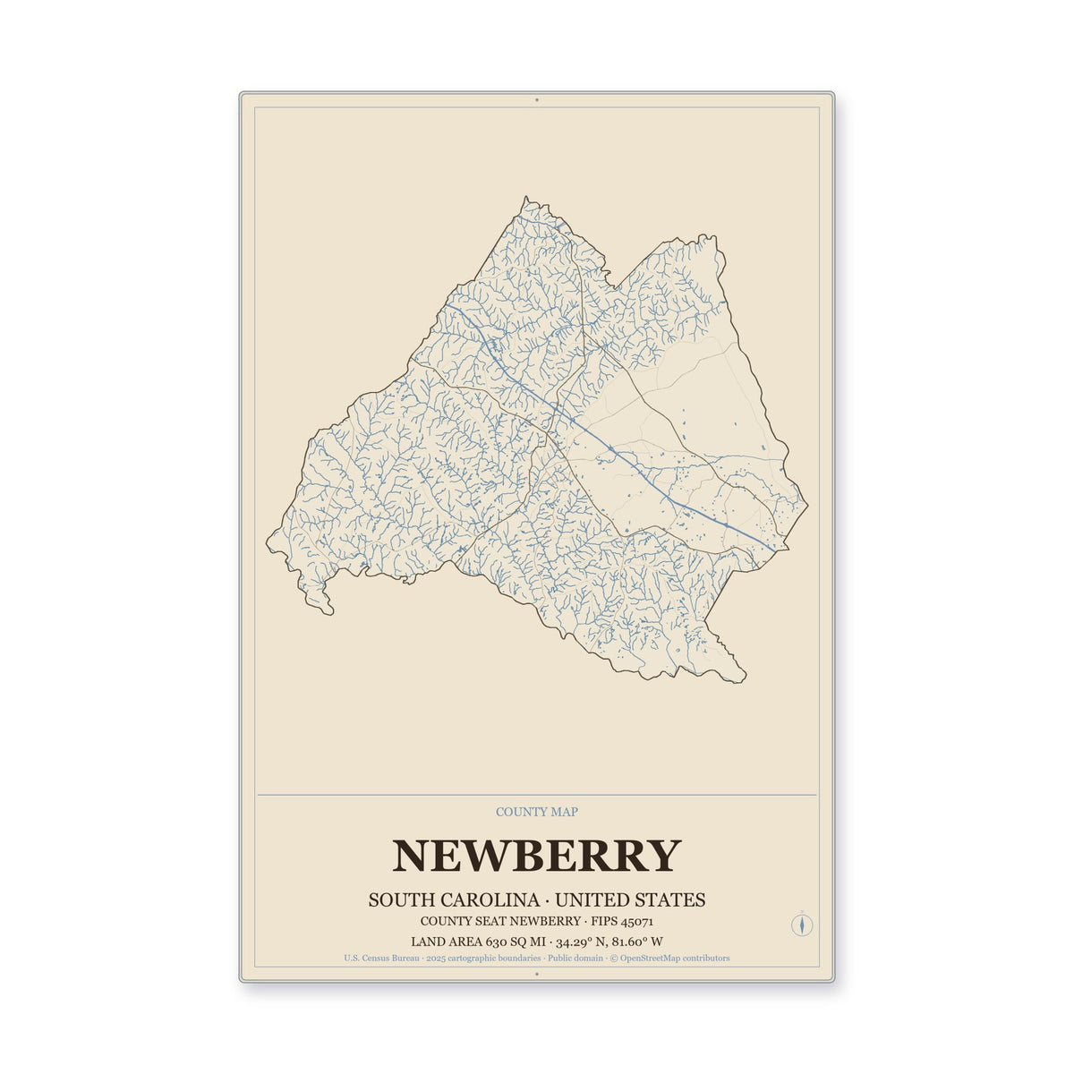 Newberry County, South Carolina Map Aluminum Sign in Heritage Nautical style
