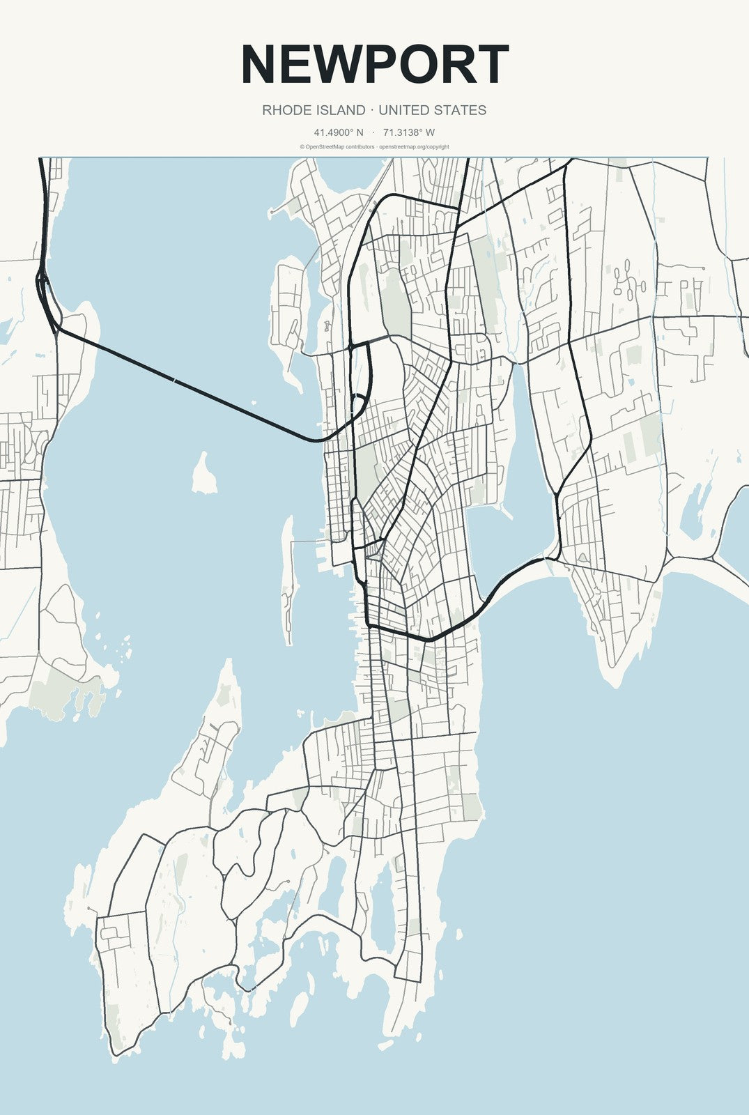 Newport, Rhode Island City Map Aluminum Sign in Headline Atlas style