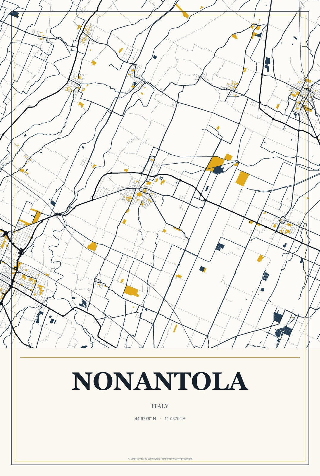 Nonantola, Italy City Map Aluminum Sign in Citrine Modern style