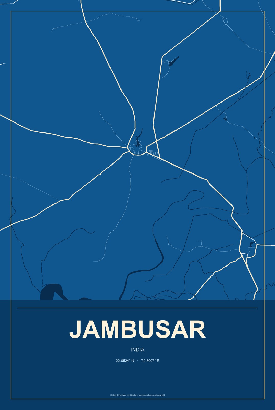Jambusar, India City Map Aluminum Sign in Harbor Cobalt style