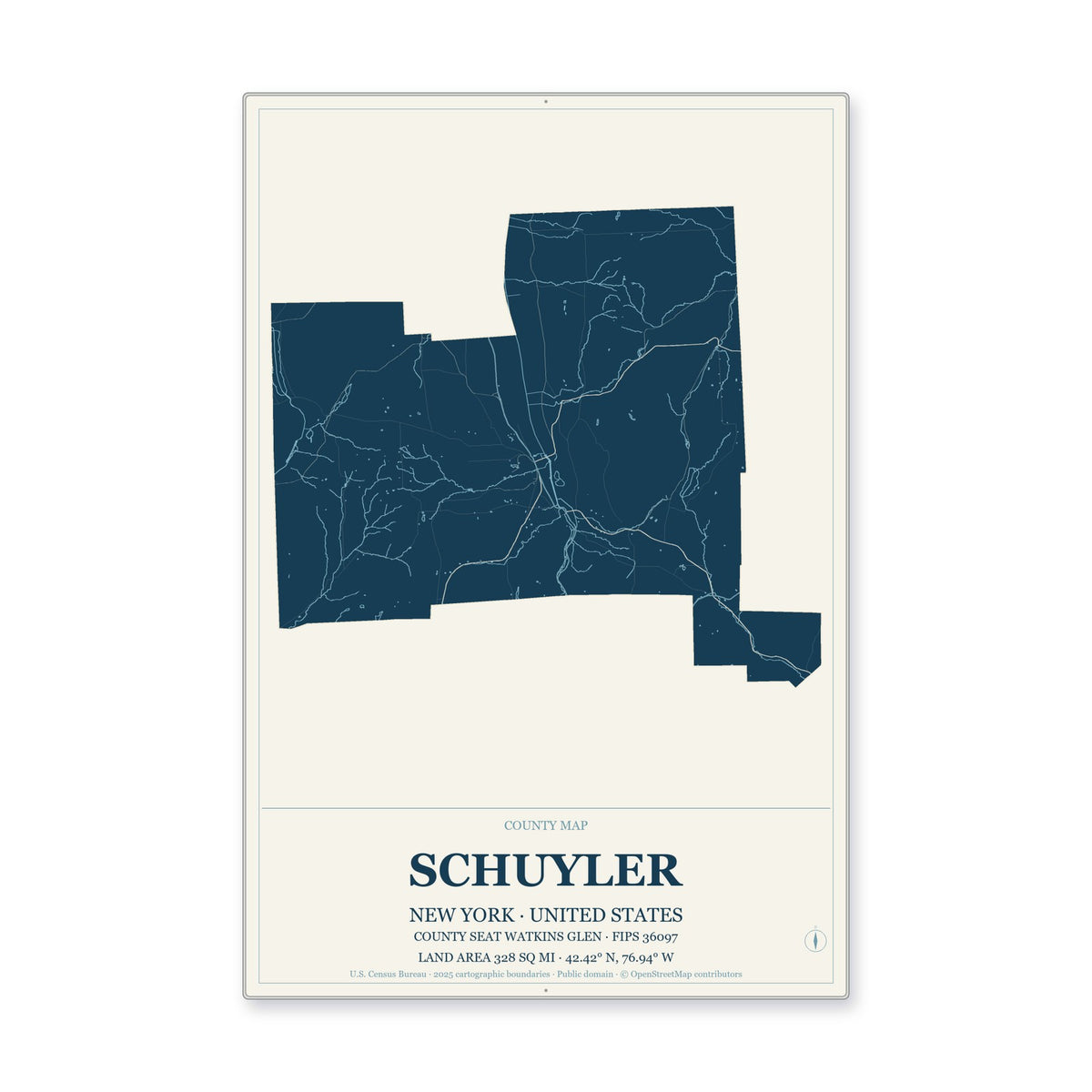 Schuyler County, New York Map Aluminum Sign in Coastal Cutout style