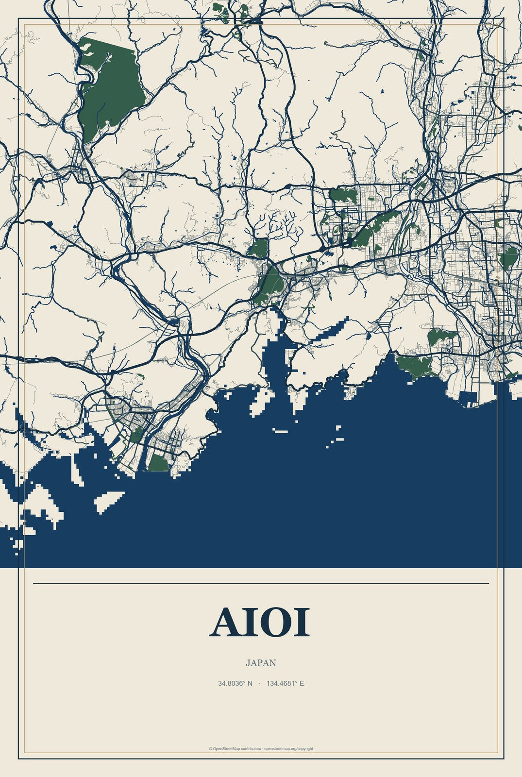 Aioi, Japan City Map Aluminum Sign in Coastal Cutout style