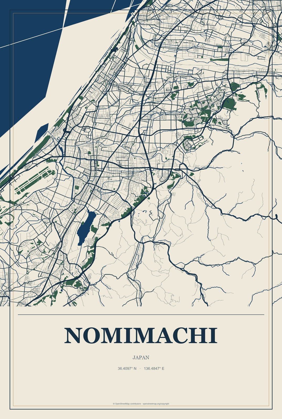 Nomimachi, Japan City Map Aluminum Sign in Coastal Cutout style
