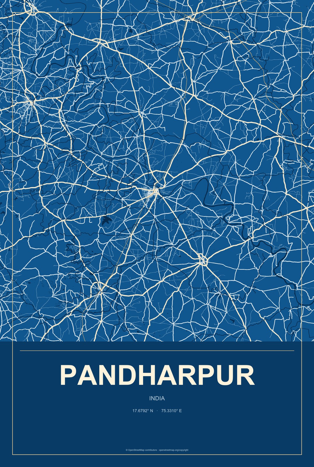 Pandharpur, India City Map Aluminum Sign in Harbor Cobalt style