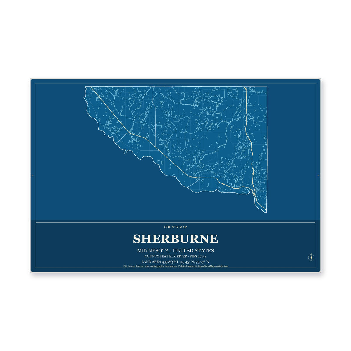 Sherburne County, Minnesota Map Aluminum Sign in Harbor Cobalt style