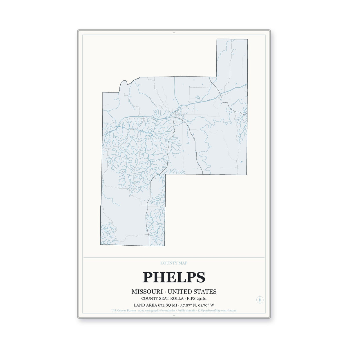 Phelps County, Missouri Map Aluminum Sign in Gallery Air style