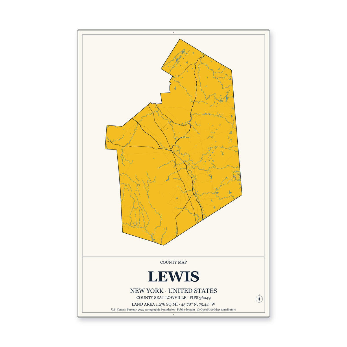 Lewis County, New York Map Aluminum Sign in Citrine Modern style