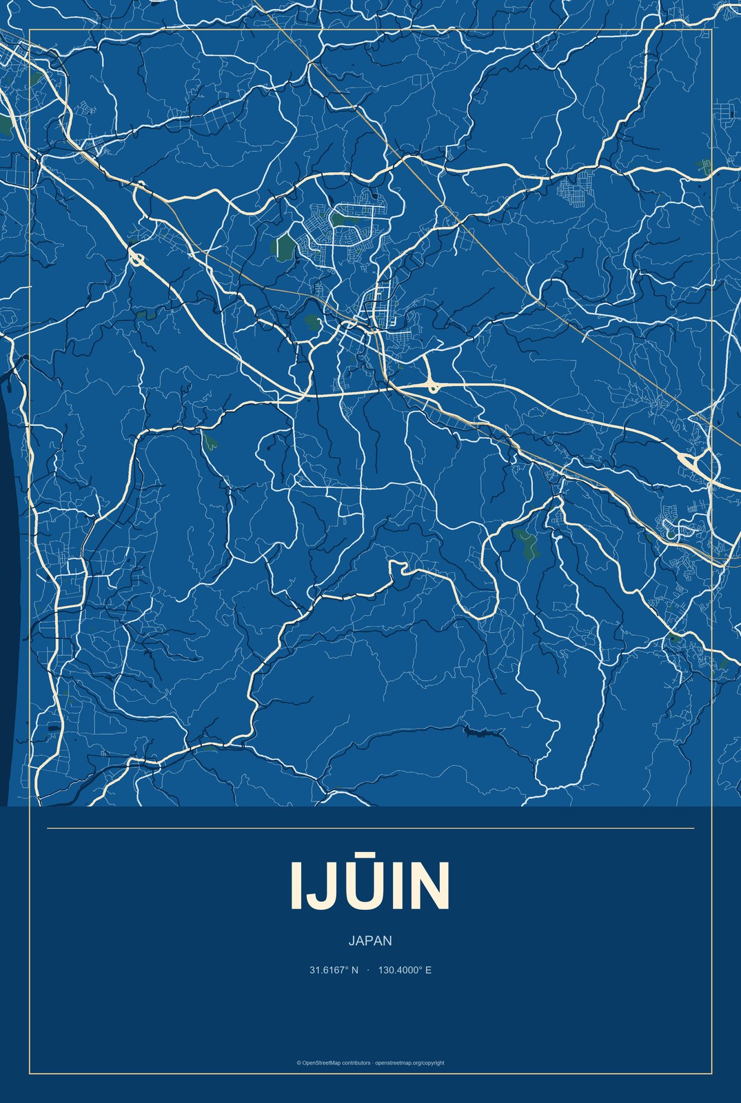 Ijūin, Japan City Map Aluminum Sign in Harbor Cobalt style