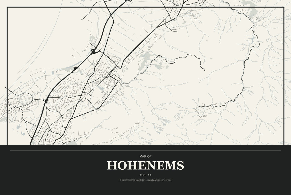 Hohenems, Austria City Map Aluminum Sign in Museum Plaque style