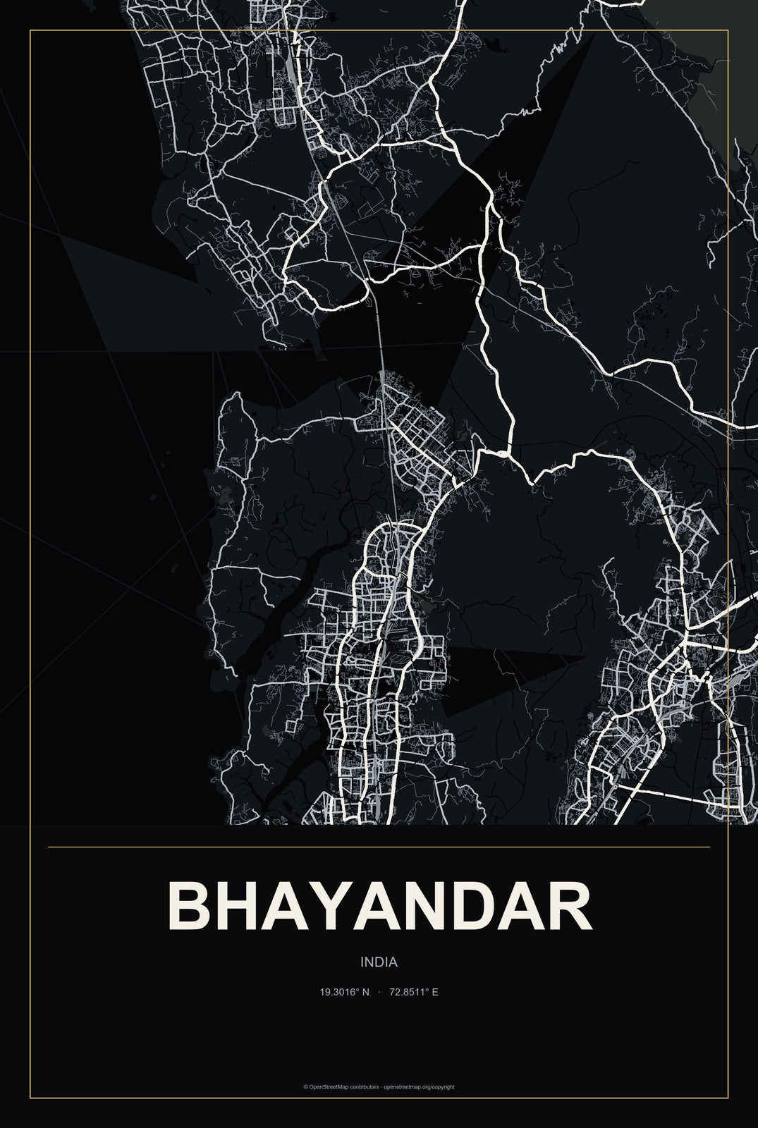 Bhayandar, India City Map Aluminum Sign in Metropolitan Noir style