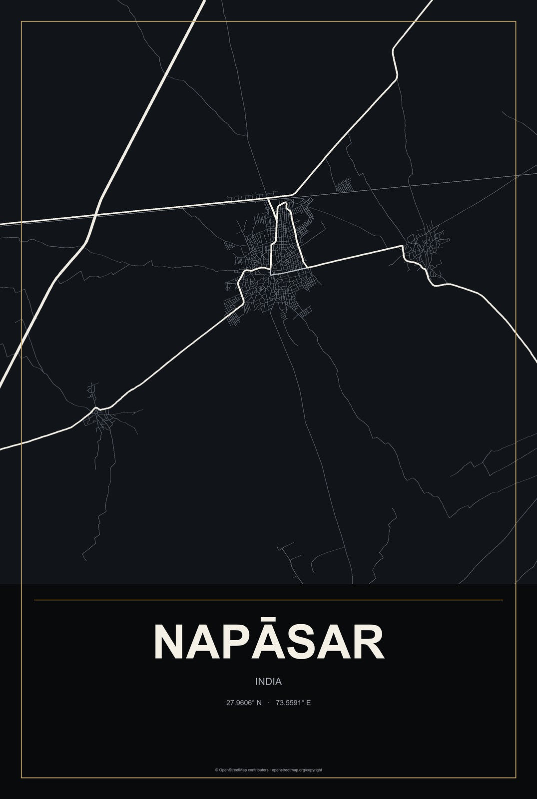 Napāsar, India City Map Aluminum Sign in Metropolitan Noir style