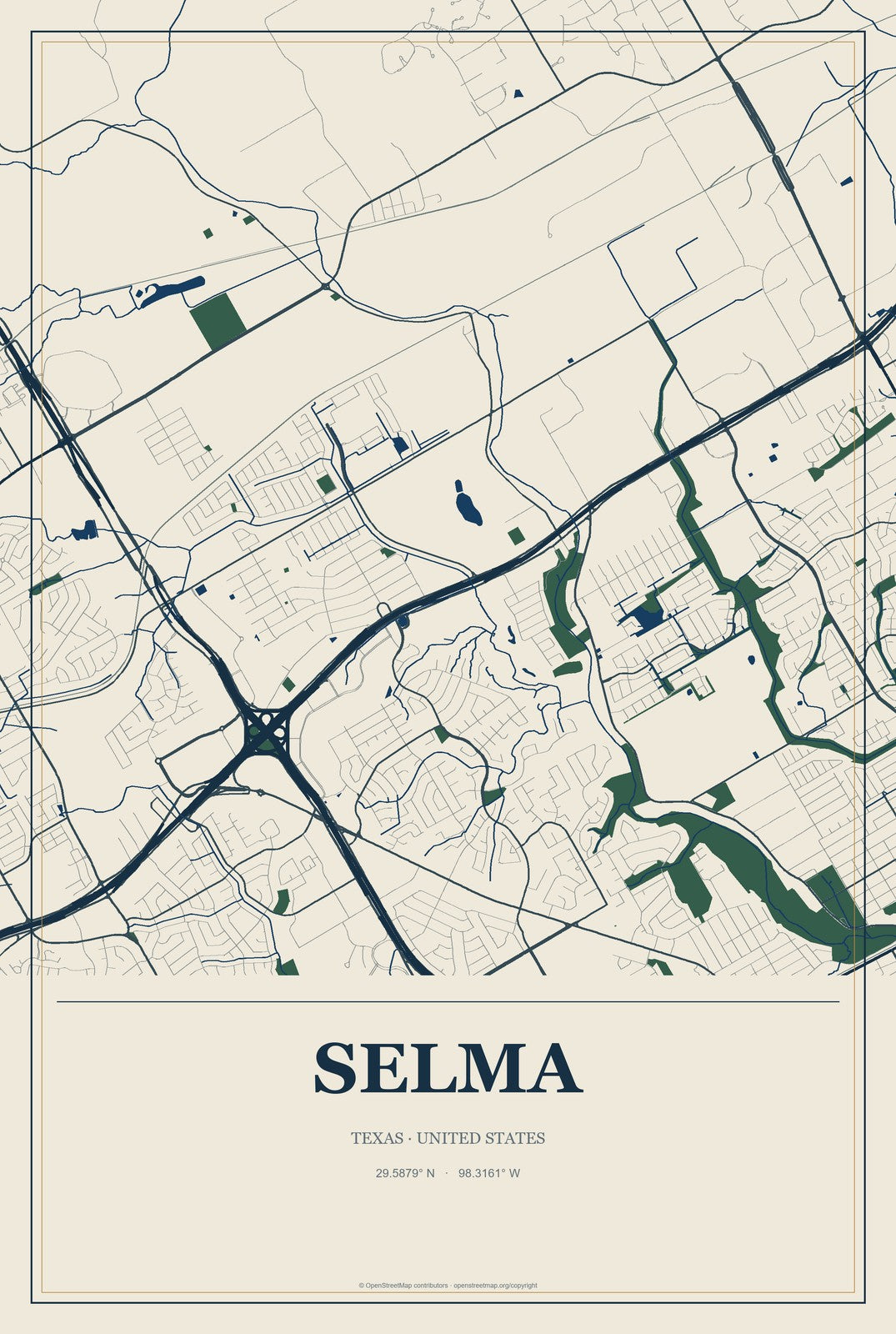 Selma, Texas City Map Aluminum Sign in Coastal Cutout style
