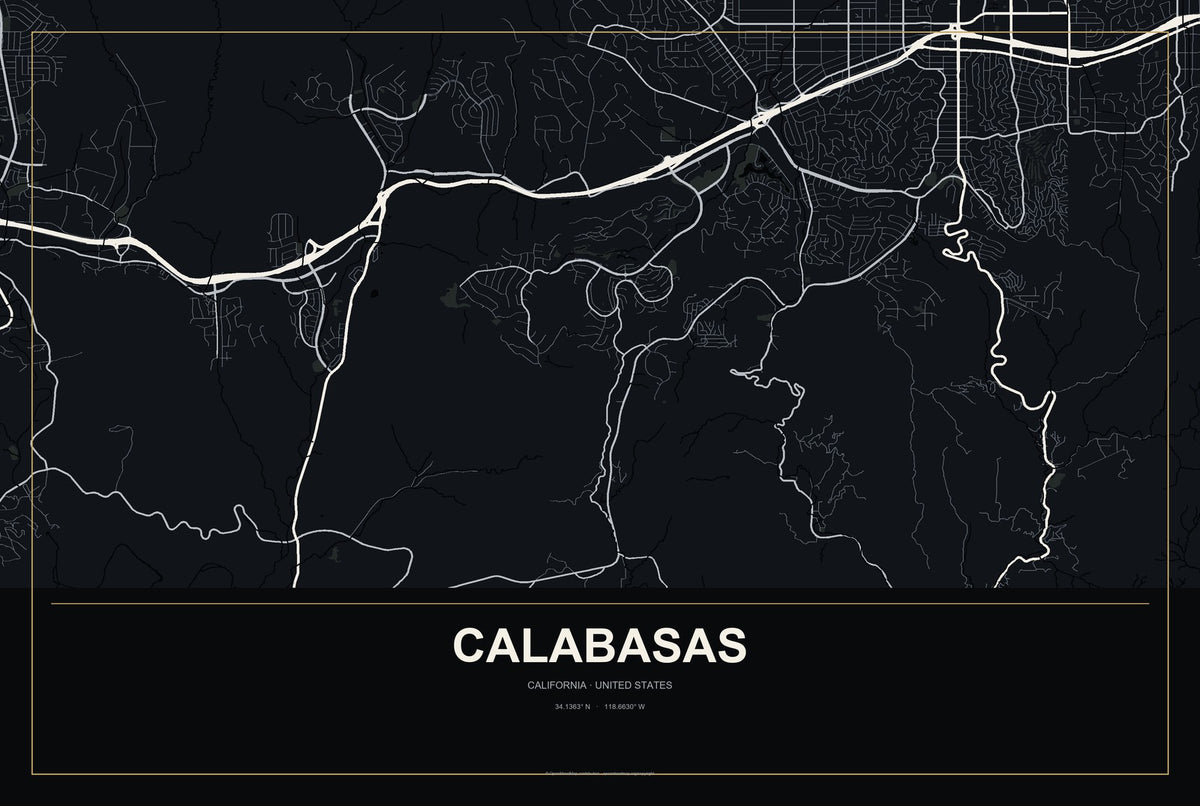 Calabasas, California City Map Aluminum Sign in Metropolitan Noir style