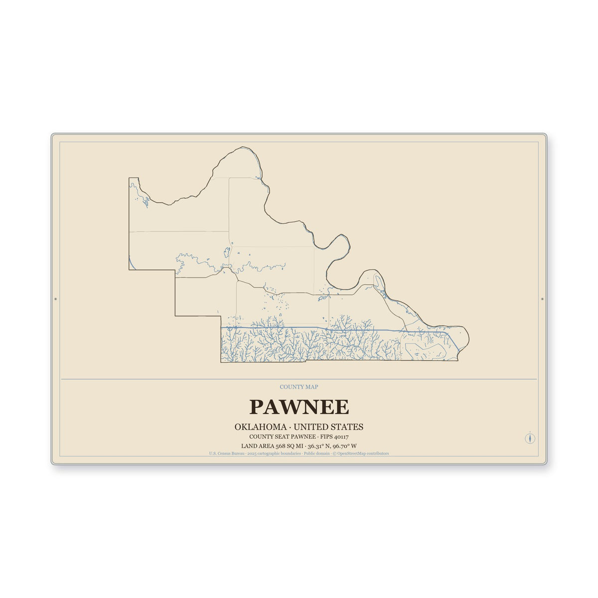 Pawnee County, Oklahoma Map Aluminum Sign in Heritage Nautical style