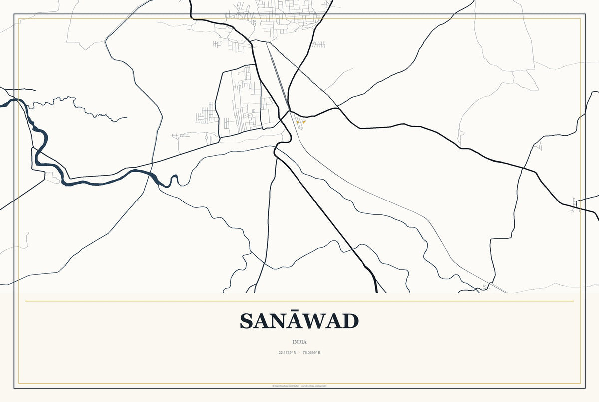 Sanāwad, India City Map Aluminum Sign in Citrine Modern style