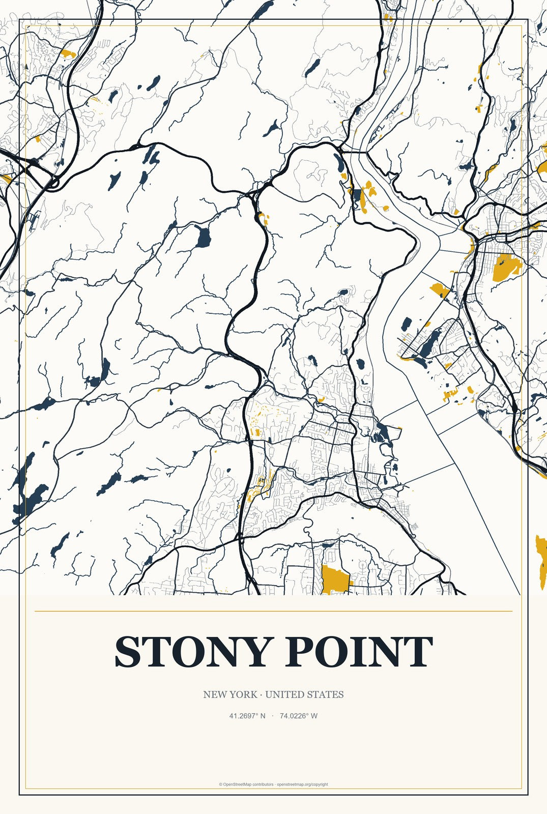 Stony Point, New York City Map Aluminum Sign in Citrine Modern style