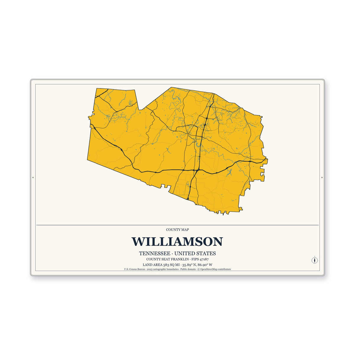 Williamson County, Tennessee Map Aluminum Sign in Citrine Modern style