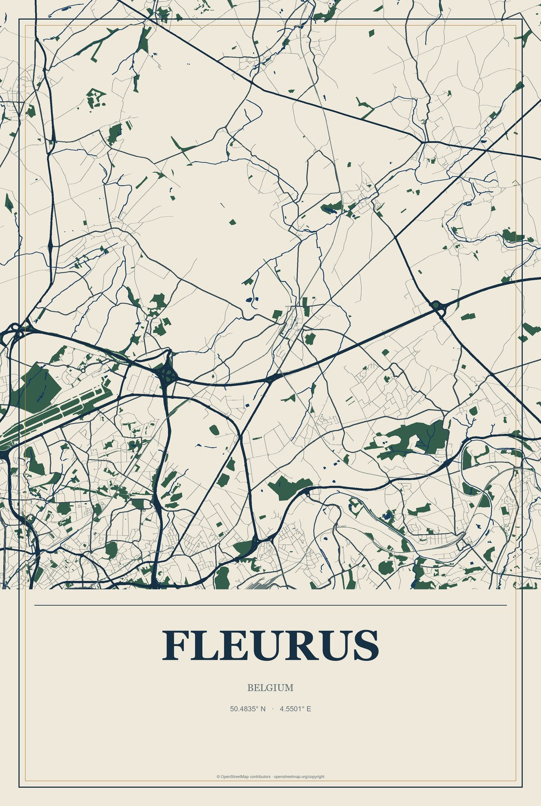 Fleurus, Belgium City Map Aluminum Sign in Coastal Cutout style