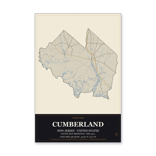 Cumberland County, New Jersey Map Aluminum Sign in Museum Plaque style