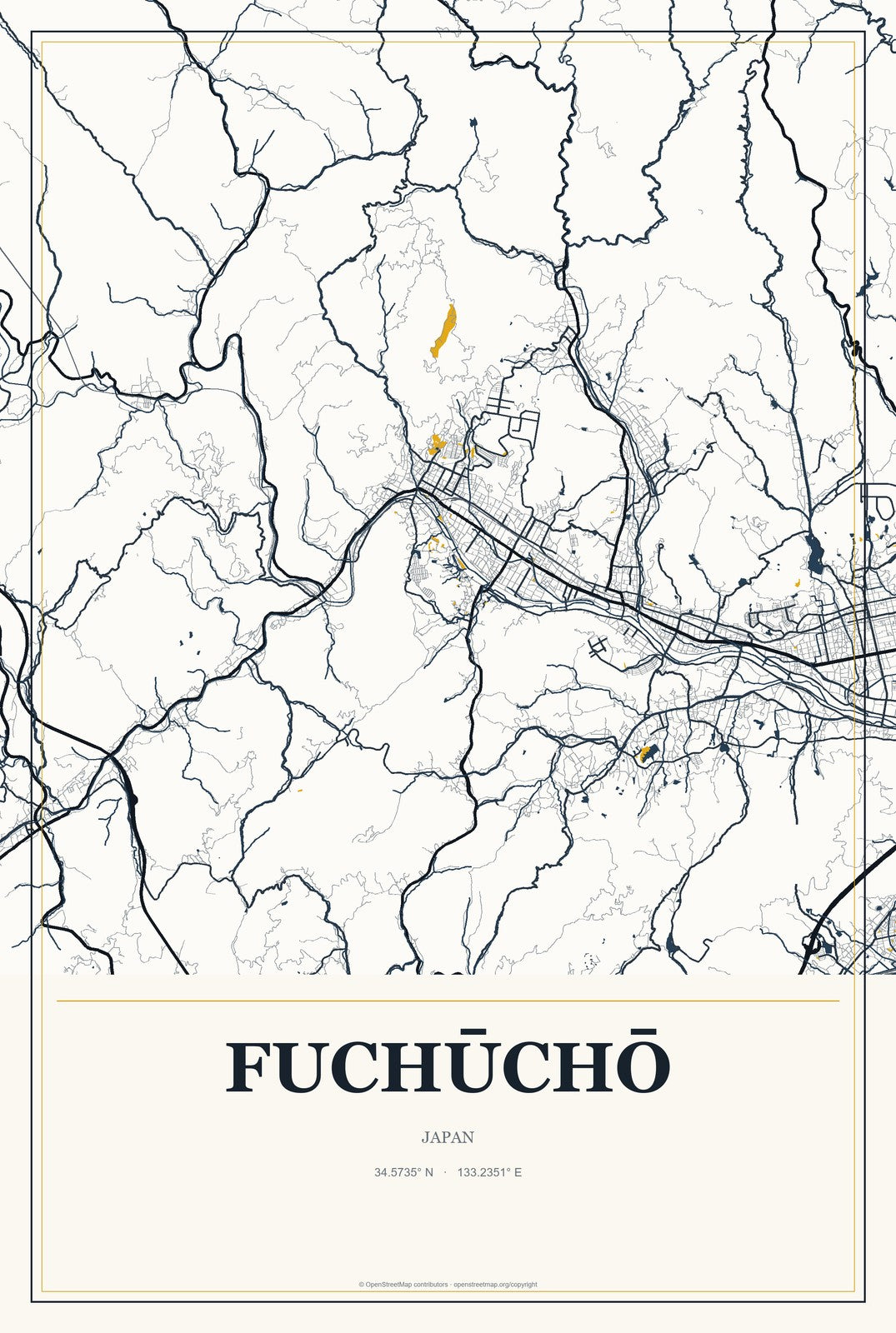 Fuchūchō, Japan City Map Aluminum Sign in Citrine Modern style