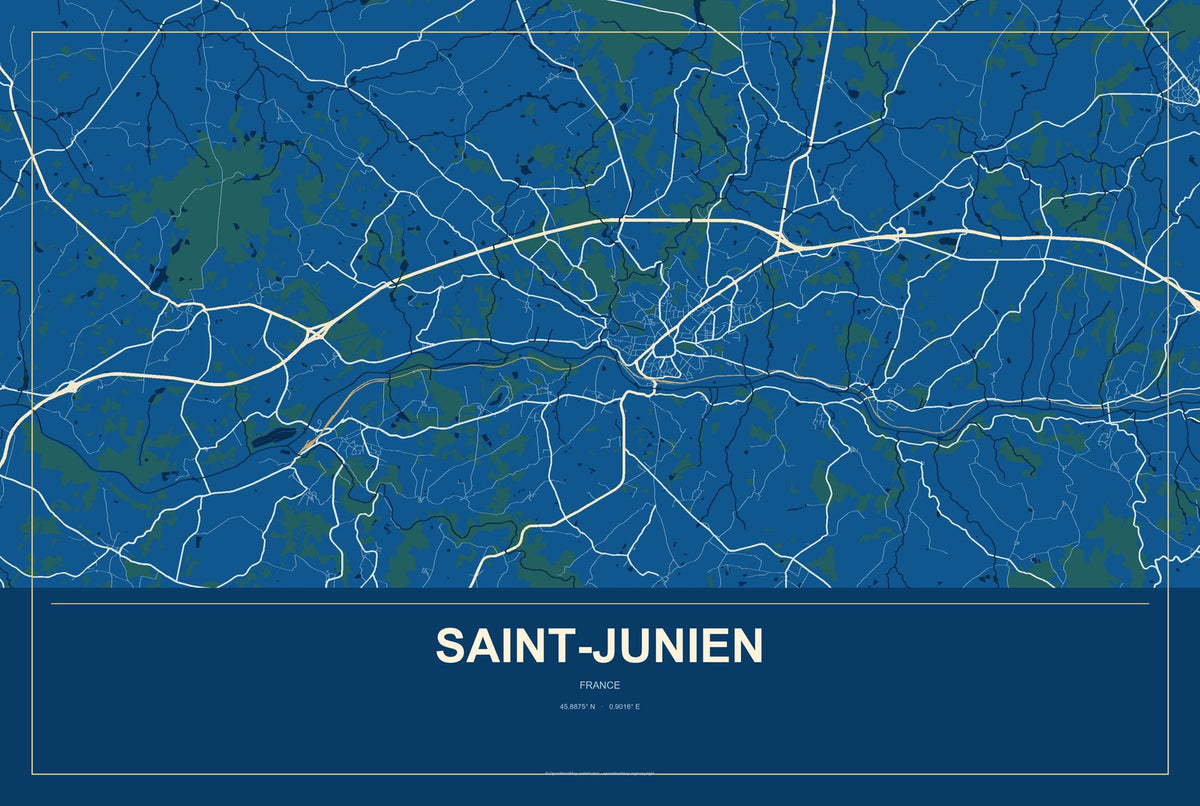 Saint-Junien, France City Map Aluminum Sign in Harbor Cobalt style
