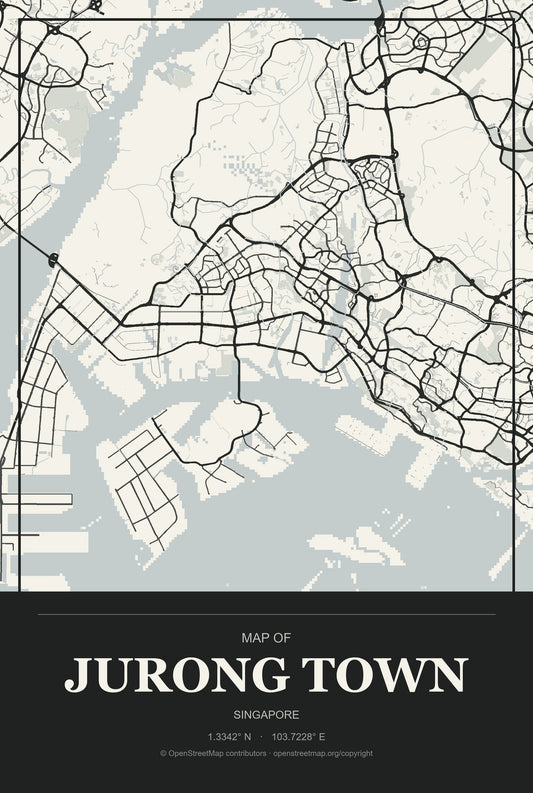 Jurong Town, Singapore City Map Aluminum Sign in Museum Plaque style
