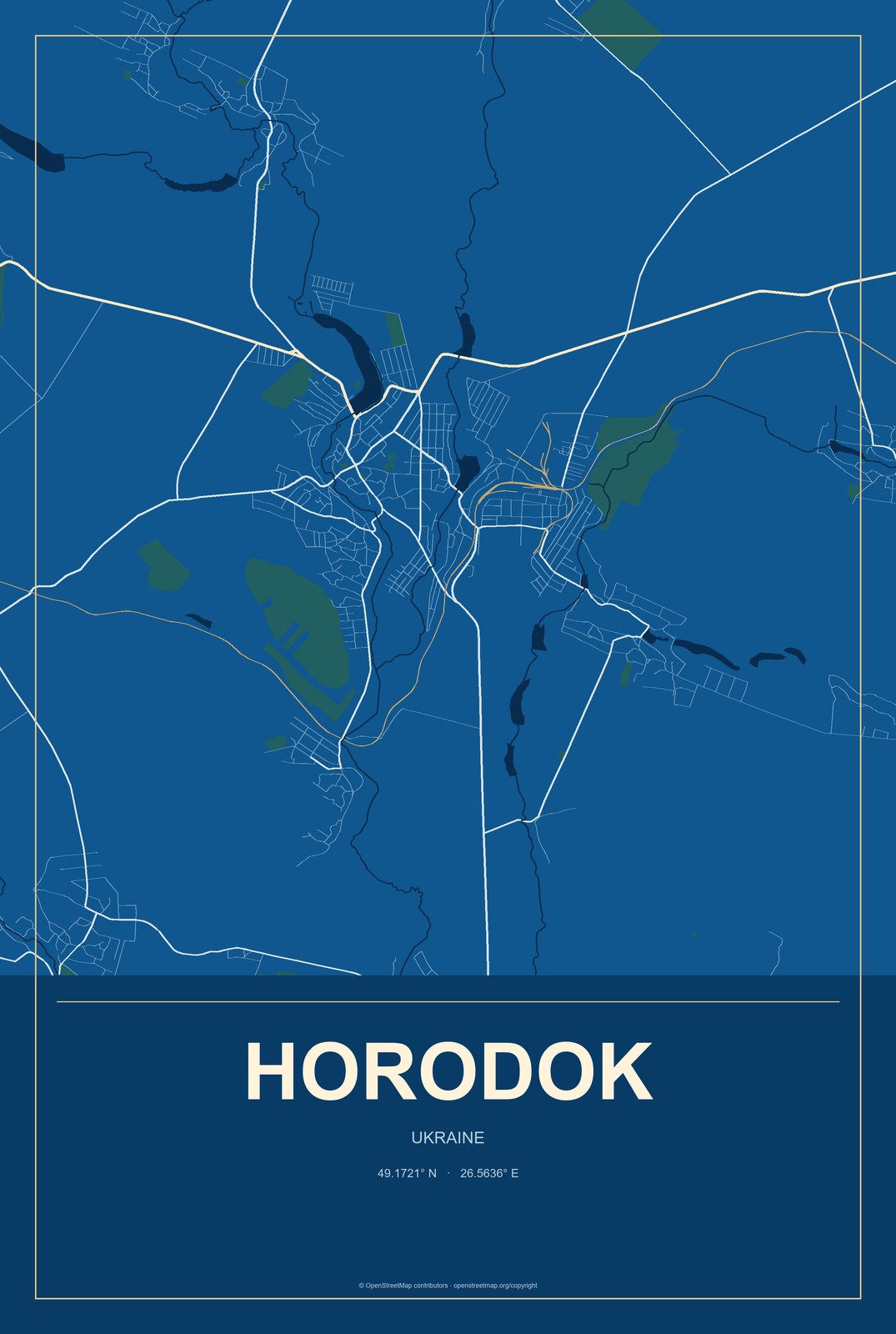 Horodok, Lviv, Ukraine City Map Aluminum Sign in Harbor Cobalt style