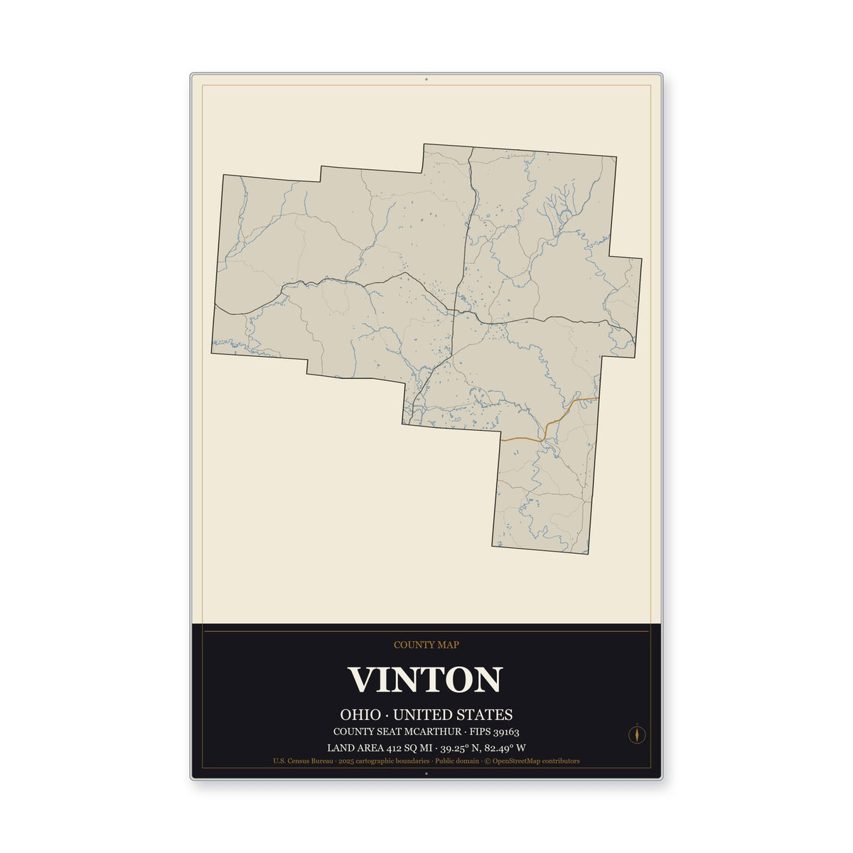 Vinton County, Ohio Map Aluminum Sign in Museum Plaque style