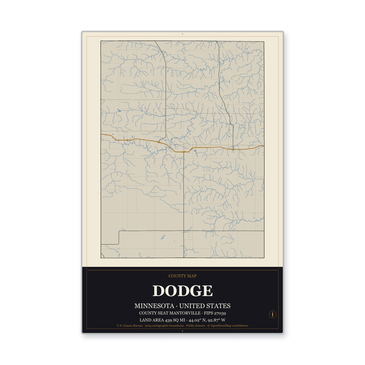 Dodge County, Minnesota Map Aluminum Sign in Museum Plaque style
