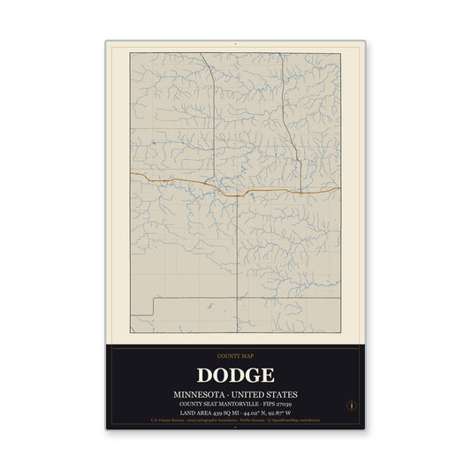 Dodge County, Minnesota Map Aluminum Sign in Museum Plaque style