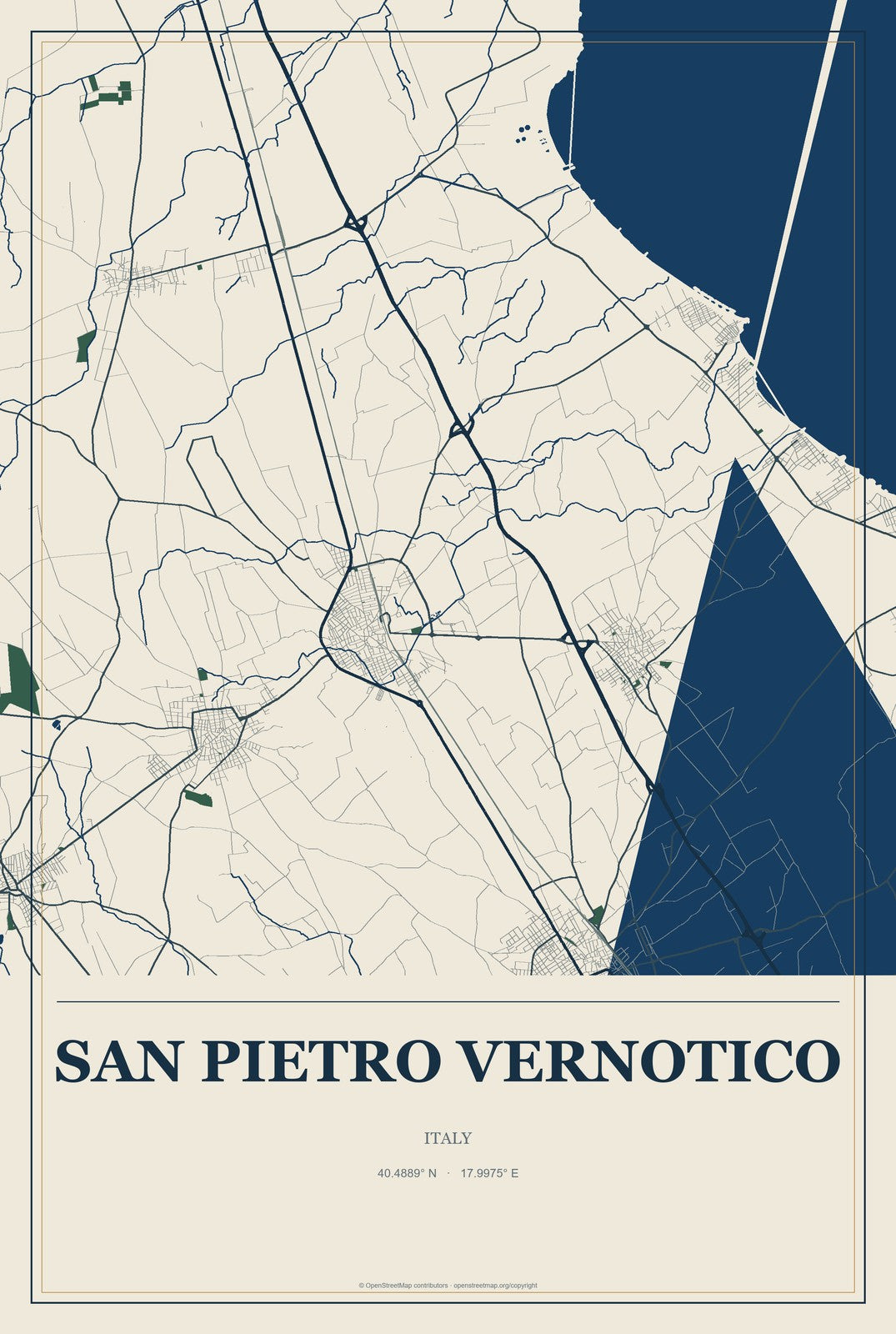 San Pietro Vernotico, Italy City Map Aluminum Sign in Coastal Cutout style