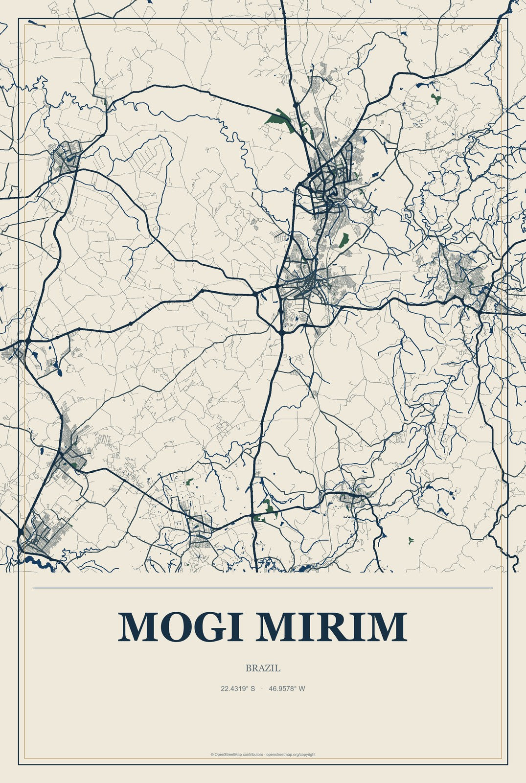 Mogi Mirim, Brazil City Map Aluminum Sign in Coastal Cutout style