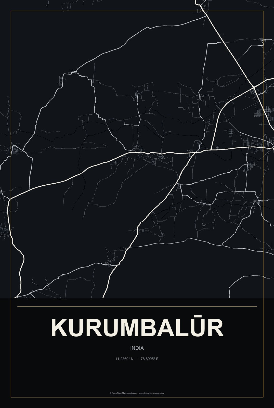 Kurumbalūr, India City Map Aluminum Sign in Metropolitan Noir style