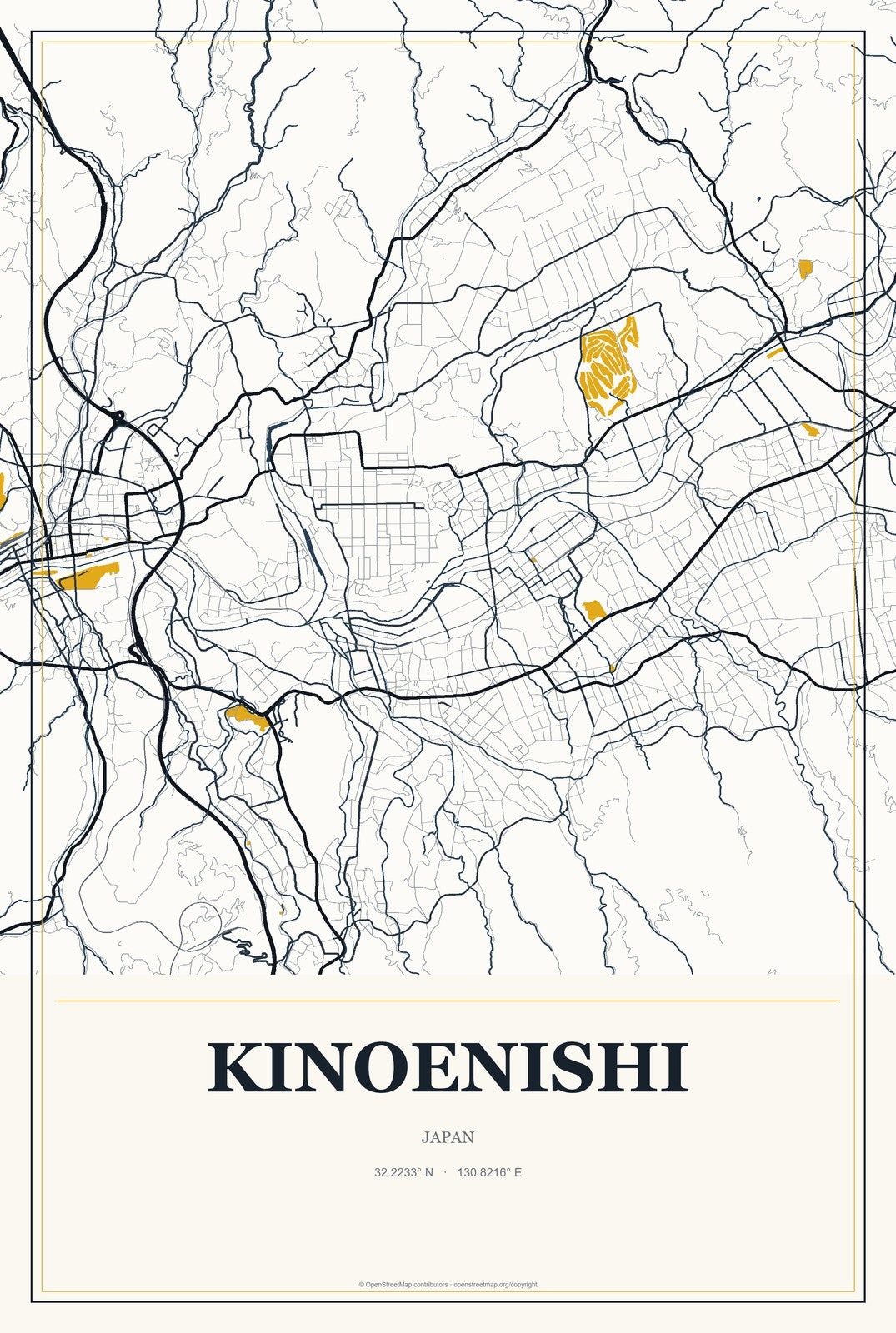 Kinoenishi, Japan City Map Aluminum Sign in Citrine Modern style