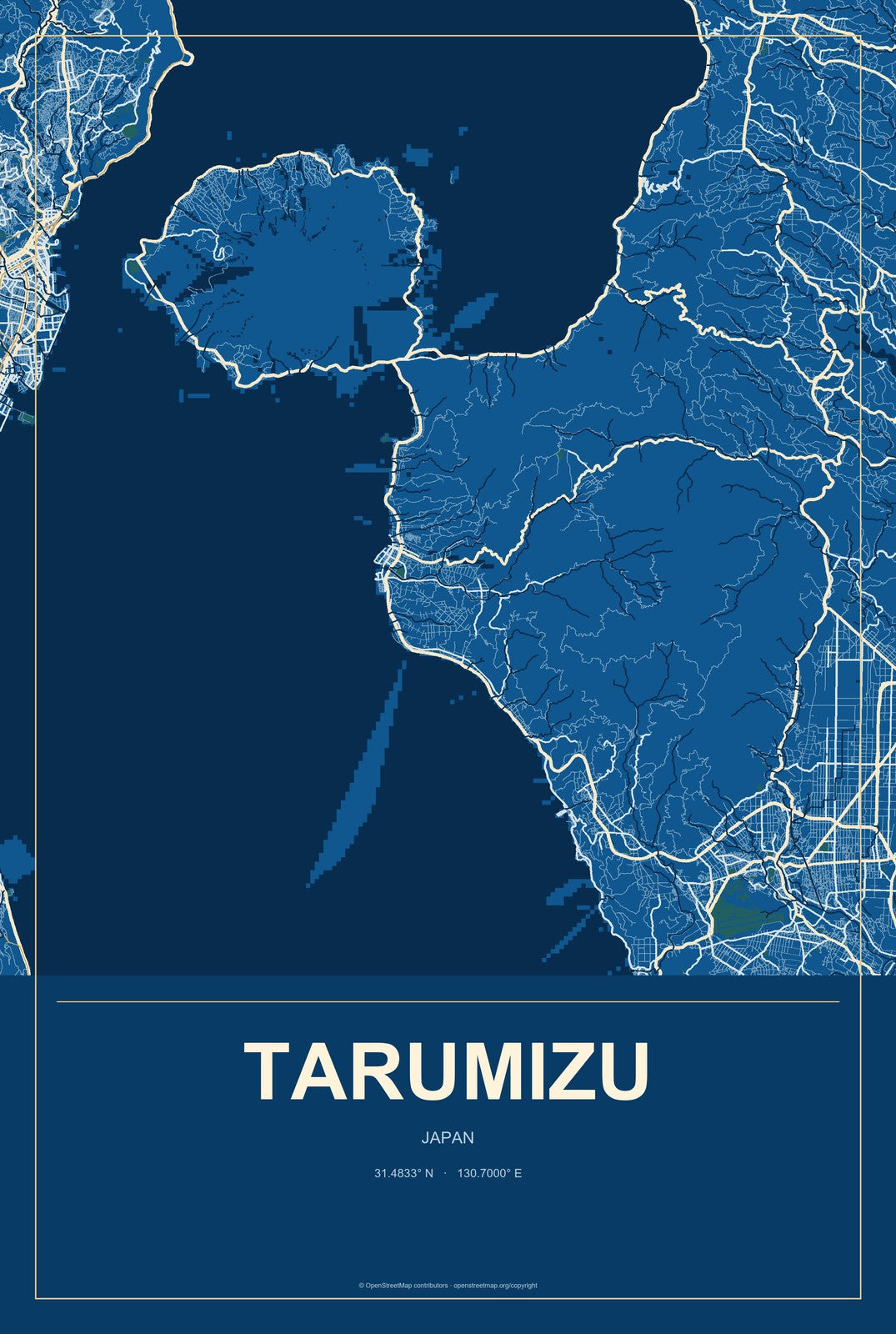 Tarumizu, Japan City Map Aluminum Sign in Harbor Cobalt style