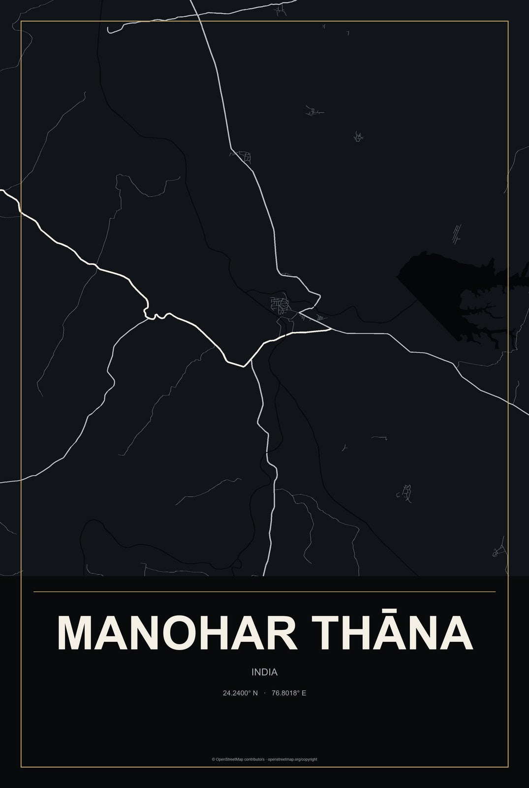 Manohar Thāna, India City Map Aluminum Sign in Metropolitan Noir style