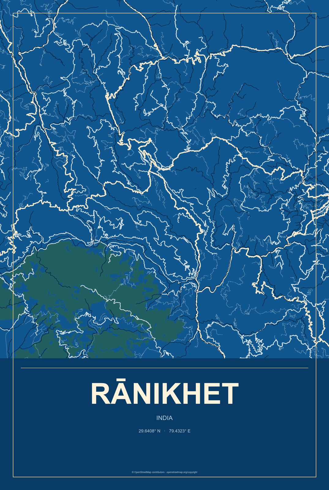 Rānikhet, India City Map Aluminum Sign in Harbor Cobalt style