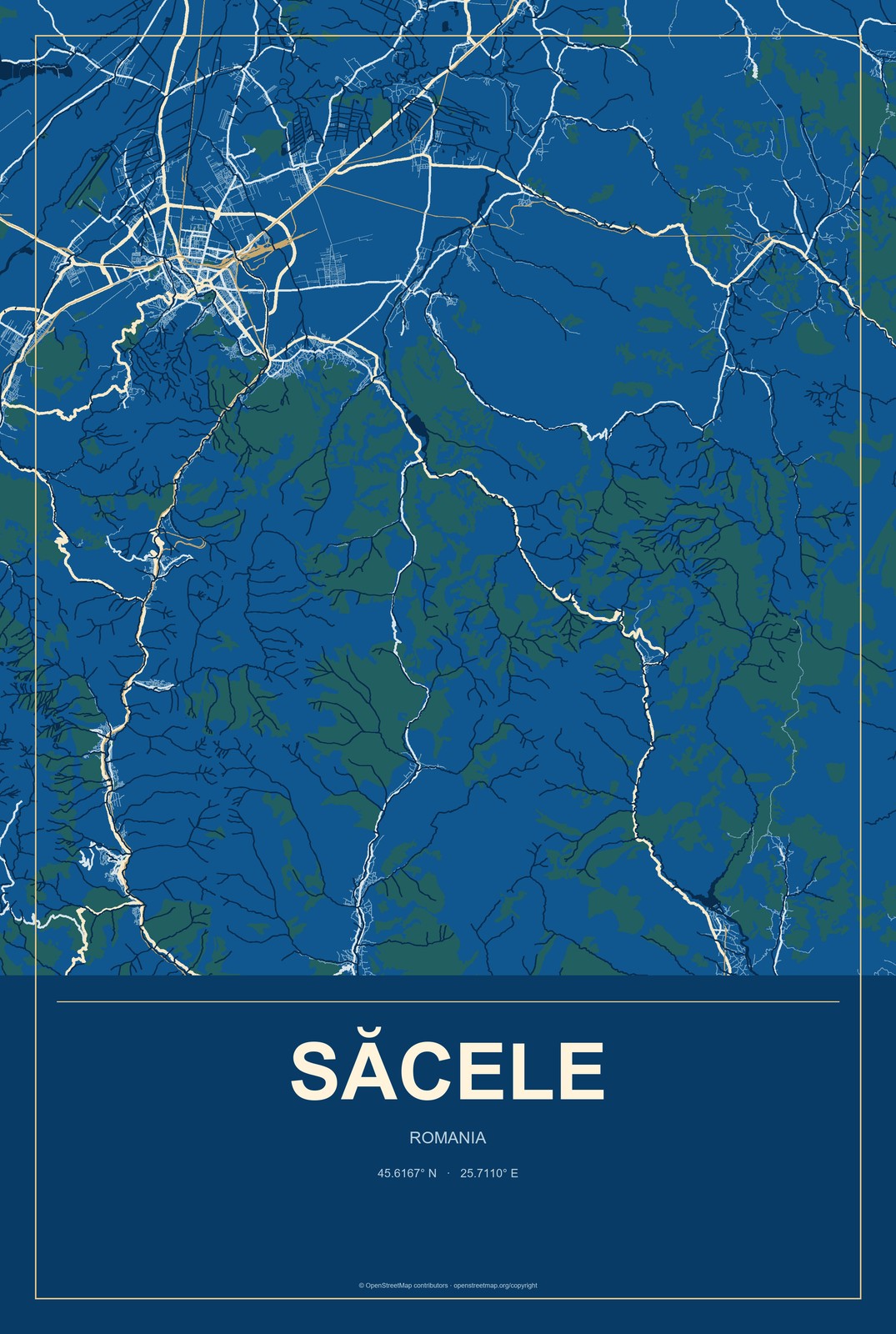 Săcele, Romania City Map Aluminum Sign in Harbor Cobalt style